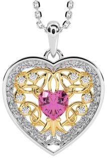 Diamond Pink Tourmaline White Yellow Gold Celtic Tree of Life Trinity Knot Heart Necklace