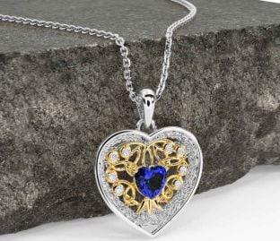 Diamond Sapphire White Yellow Gold Celtic Tree of Life Trinity Knot Heart Necklace