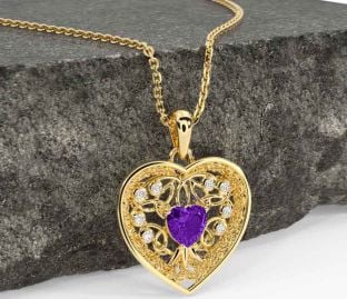 Diamond Amethyst Gold Celtic Tree of Life Trinity Knot Heart Necklace