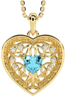 Diamond Aquamarine Gold Celtic Tree of Life Trinity Knot Heart Necklace