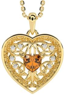 Diamond Citrine Gold Celtic Tree of Life Trinity Knot Heart Necklace