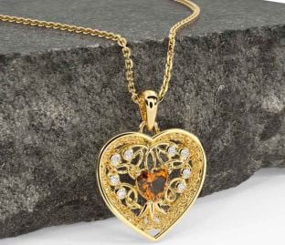 Diamond Citrine Gold Celtic Tree of Life Trinity Knot Heart Necklace
