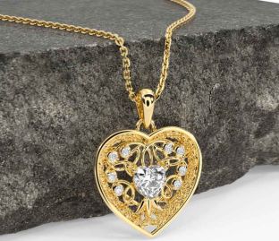 Diamond Gold Celtic Tree of Life Trinity Knot Heart Necklace