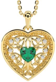 Diamond Emerald Gold Celtic Tree of Life Trinity Knot Heart Necklace