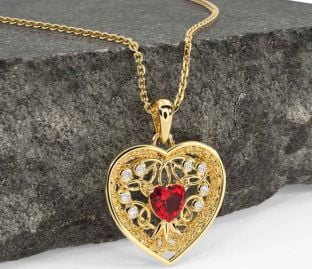 Diamond Ruby Gold Celtic Tree of Life Trinity Knot Heart Necklace