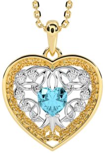 Diamond Aquamarine White Yellow Gold Celtic Tree of Life Trinity Knot Heart Necklace
