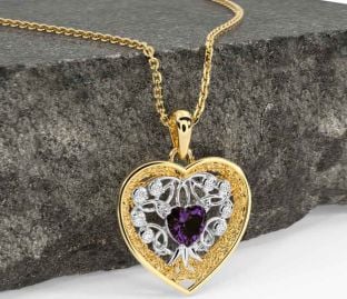Diamond Alexandrite White Yellow Gold Celtic Tree of Life Trinity Knot Heart Necklace