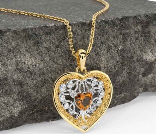 Diamond Citrine White Yellow Gold Celtic Tree of Life Trinity Knot Heart Necklace