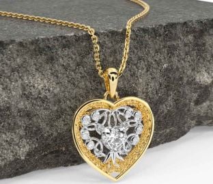 Diamond White Yellow Gold Celtic Tree of Life Trinity Knot Heart Necklace
