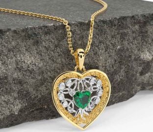 Diamond Emerald White Yellow Gold Celtic Tree of Life Trinity Knot Heart Necklace