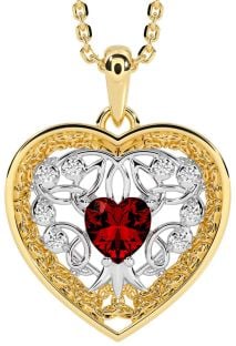 Diamond Garnet White Yellow Gold Celtic Tree of Life Trinity Knot Heart Necklace