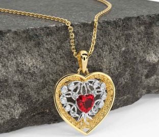 Diamond Ruby White Yellow Gold Celtic Tree of Life Trinity Knot Heart Necklace