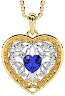 Diamond Sapphire White Yellow Gold Celtic Tree of Life Trinity Knot Heart Necklace