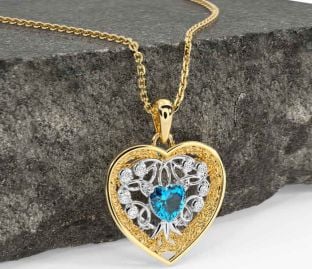 Diamond Topaz White Yellow Gold Celtic Tree of Life Trinity Knot Heart Necklace