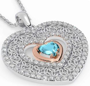Diamond Aquamarine Rose Gold Silver Celtic Trinity Knot Heart Necklace