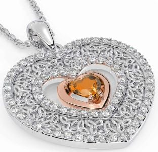 Diamond Citrine Rose Gold Silver Celtic Trinity Knot Heart Necklace