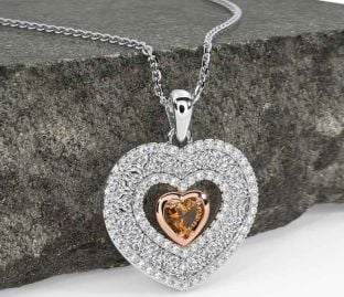 Diamond Citrine Rose Gold Silver Celtic Trinity Knot Heart Necklace