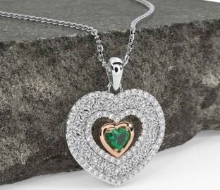 Diamond Emerald Rose Gold Silver Celtic Trinity Knot Heart Necklace