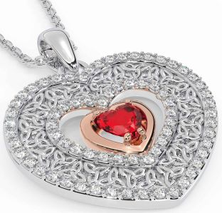 Diamond Ruby Rose Gold Silver Celtic Trinity Knot Heart Necklace
