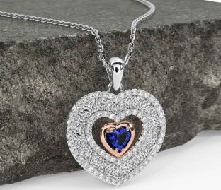 Diamond Sapphire Rose Gold Silver Celtic Trinity Knot Heart Necklace