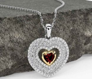 Diamond Garnet Gold Silver Celtic Trinity Knot Heart Necklace