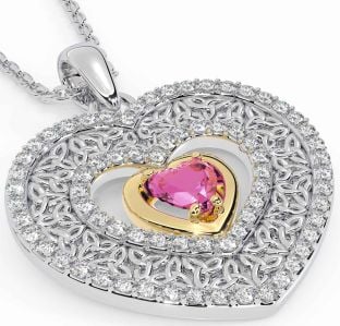 Diamond Pink Tourmaline Gold Silver Celtic Trinity Knot Heart Necklace