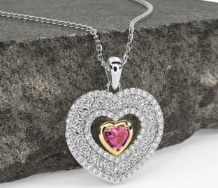 Diamond Pink Tourmaline Gold Silver Celtic Trinity Knot Heart Necklace