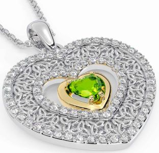 Diamond Peridot Gold Silver Celtic Trinity Knot Heart Necklace