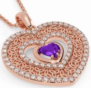 Diamond Amethyst Rose Gold Silver Celtic Trinity Knot Heart Necklace