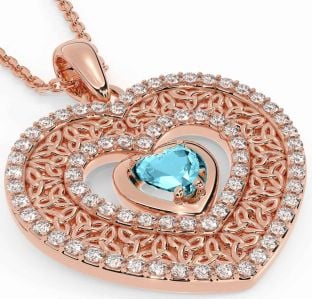 Diamond Aquamarine Rose Gold Silver Celtic Trinity Knot Heart Necklace