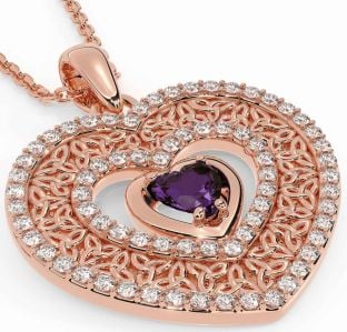 Diamond Alexandrite Rose Gold Silver Celtic Trinity Knot Heart Necklace