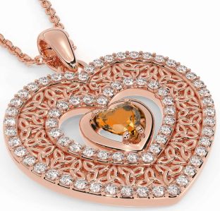 Diamond Citrine Rose Gold Silver Celtic Trinity Knot Heart Necklace