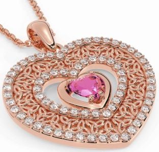 Diamond Pink Tourmaline Rose Gold Silver Celtic Trinity Knot Heart Necklace