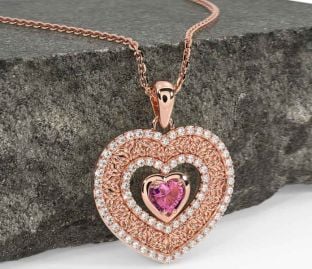 Diamond Pink Tourmaline Rose Gold Silver Celtic Trinity Knot Heart Necklace