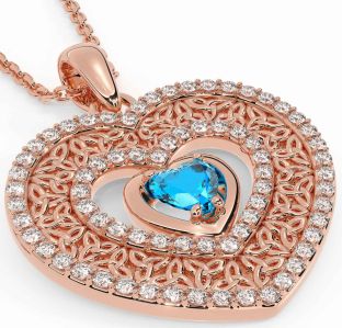 Diamond Topaz Rose Gold Silver Celtic Trinity Knot Heart Necklace