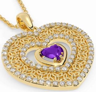 Diamond Amethyst Gold Silver Celtic Trinity Knot Heart Necklace