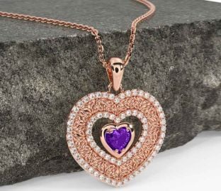 Diamond Amethyst Rose Gold Celtic Trinity Knot Heart Necklace