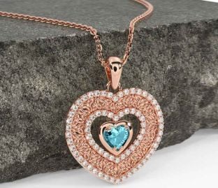 Diamond Aquamarine Rose Gold Celtic Trinity Knot Heart Necklace