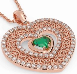 Diamond Emerald Rose Gold Celtic Trinity Knot Heart Necklace