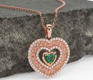 Diamond Emerald Rose Gold Celtic Trinity Knot Heart Necklace