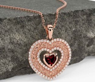 Diamond Garnet Rose Gold Celtic Trinity Knot Heart Necklace