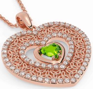 Diamond Peridot Rose Gold Celtic Trinity Knot Heart Necklace