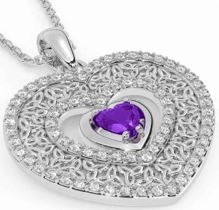 Diamond Amethyst Silver Celtic Trinity Knot Heart Necklace