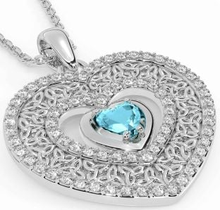 Diamond Aquamarine Silver Celtic Trinity Knot Heart Necklace