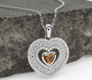 Diamond Citrine Silver Celtic Trinity Knot Heart Necklace