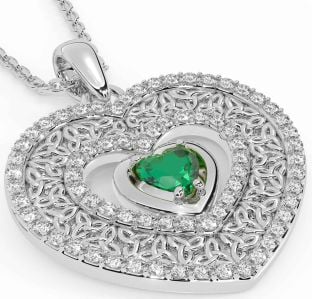 Diamond Emerald Silver Celtic Trinity Knot Heart Necklace