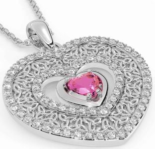 Diamond Pink Tourmaline Silver Celtic Trinity Knot Heart Necklace