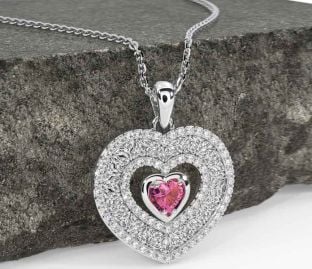 Diamond Pink Tourmaline Silver Celtic Trinity Knot Heart Necklace
