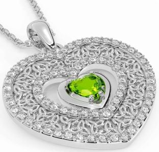 Diamond Peridot Silver Celtic Trinity Knot Heart Necklace