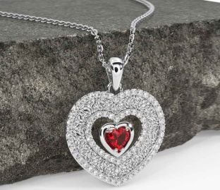 Diamond Ruby Silver Celtic Trinity Knot Heart Necklace